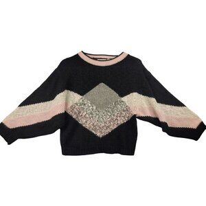 Cristinas Womens Vintage Chevron Knit Sweater Med Black Pink Gray Acrylic Blend